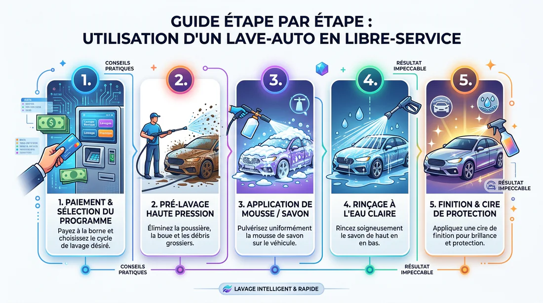 Infographie illustrant les étapes d'utilisation d'une station de lavage auto