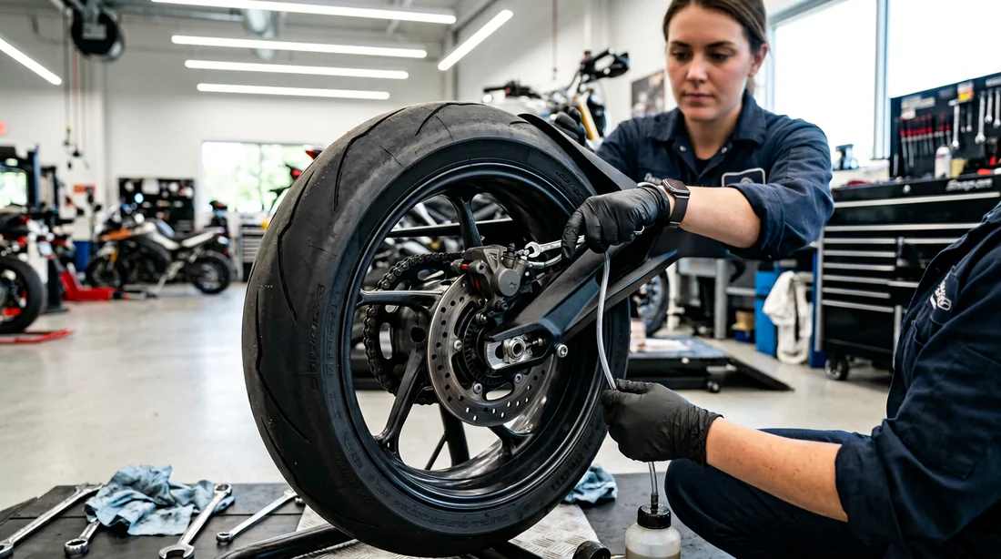 Mécanicien vérifiant le système de freinage et les pneus d'une moto.