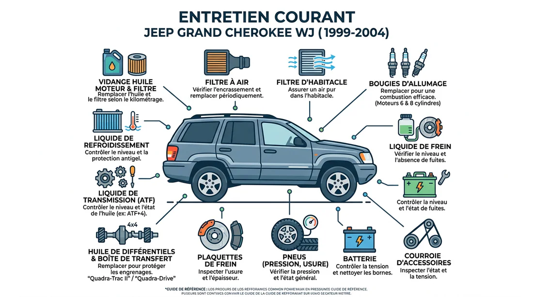 Infographie des points de maintenance du Jeep Grand Cherokee WJ