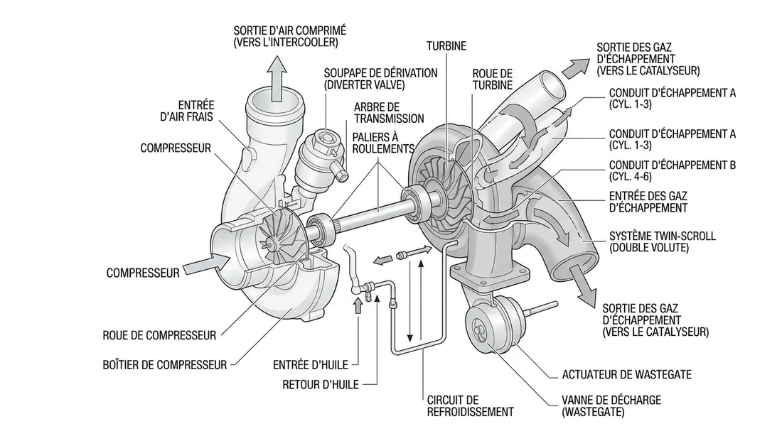 Schéma technique du système turbo Twin-Scroll du moteur N55