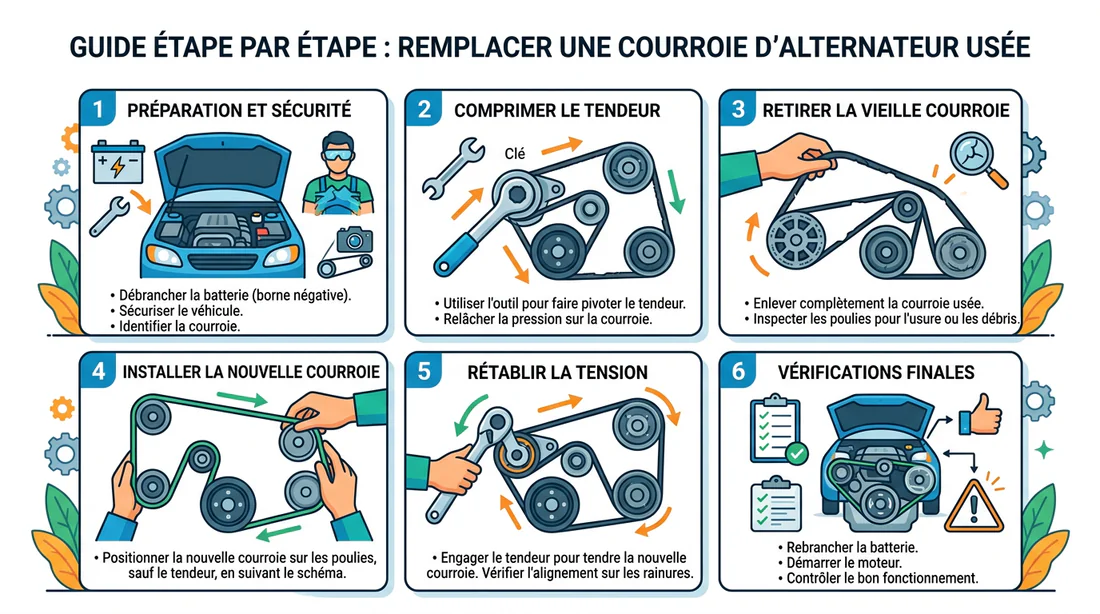 Infographie étape par étape pour le changement d'une courroie d'alternateur