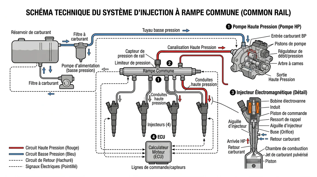 Schéma technique du système d'injection common rail