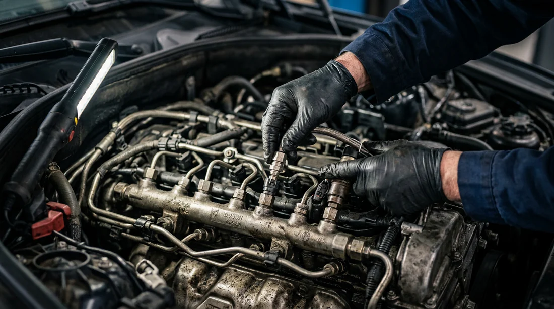 Mécanicien inspectant le système d'injection et la rampe commune d'un moteur de voiture.