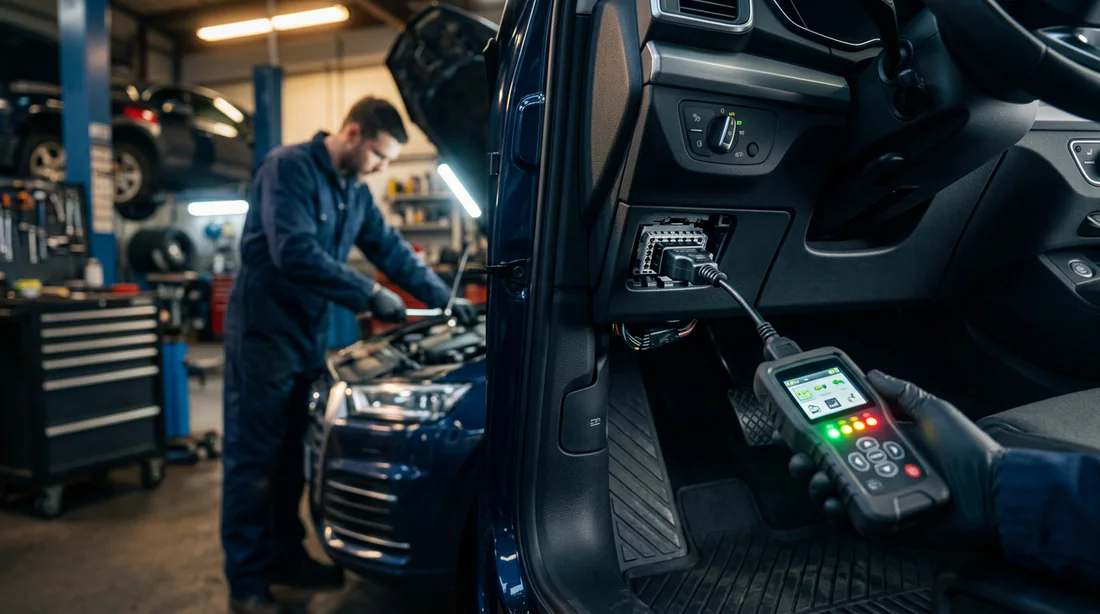 Outil de diagnostic OBD2 branché sur le port d'un véhicule pour lire les codes d'erreur.