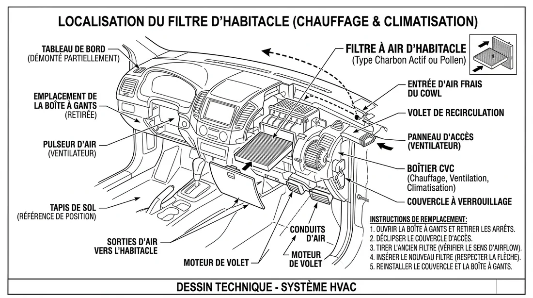 Schéma technique de l'emplacement du filtre d'habitacle sur 3008