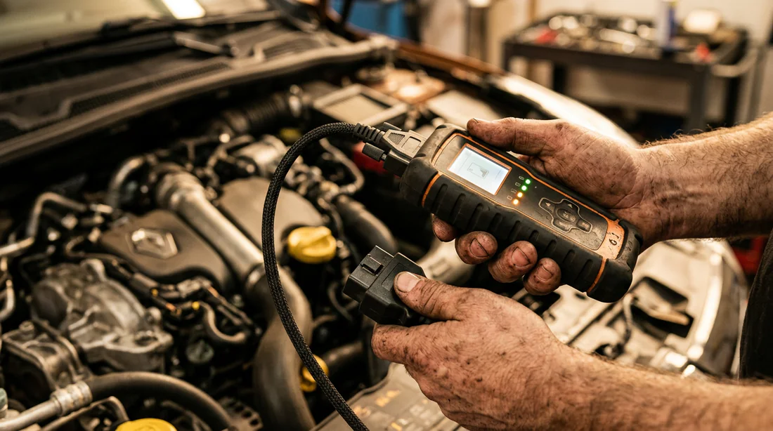 Mécanicien utilisant une valise diagnostic sur moteur Renault