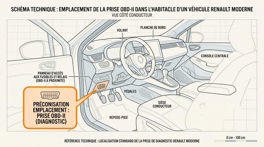 Schéma technique de la prise diagnostic OBD-II sur Renault