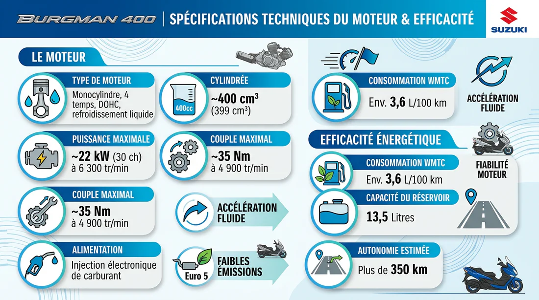 Infographie des caractéristiques techniques du moteur Suzuki Burgman 400