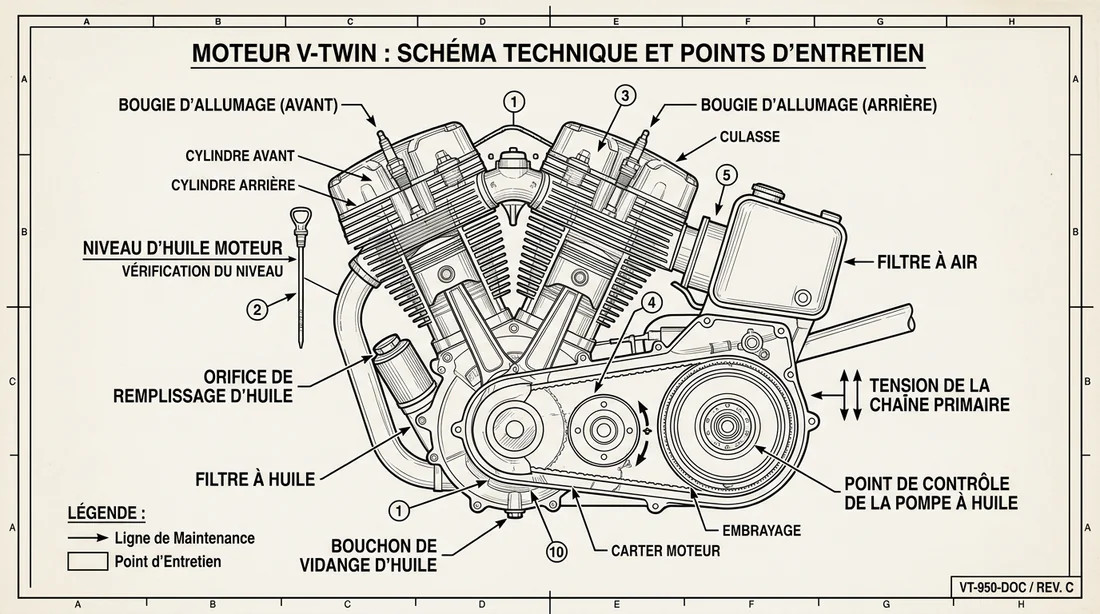 Schéma technique des points de contrôle moteur sur Hyosung GV125S