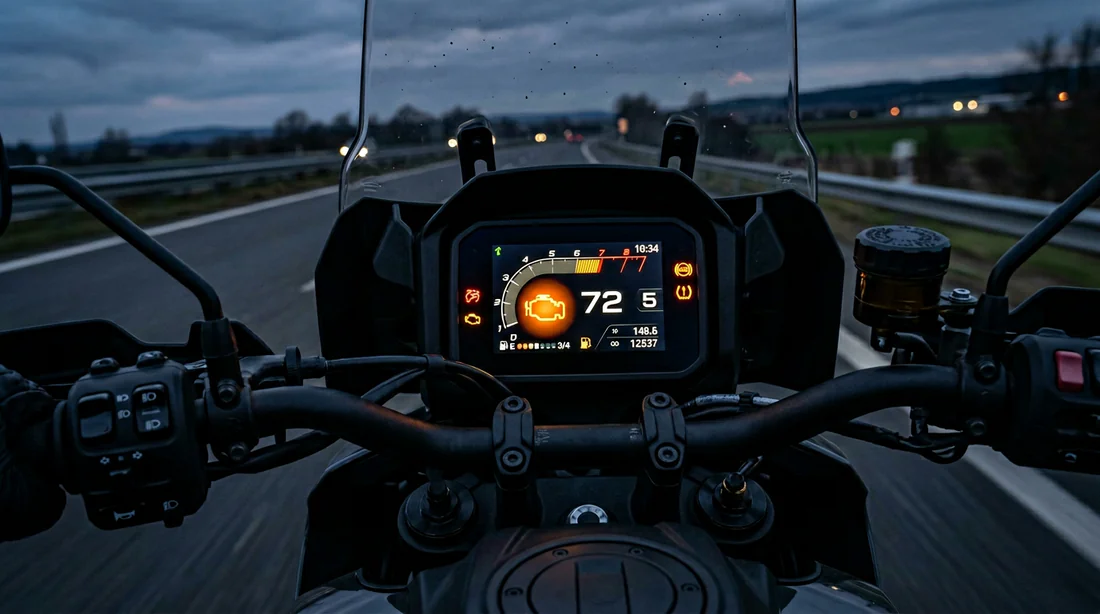 Gros plan sur le tableau de bord numérique de la Pan America affichant un voyant d'avertissement