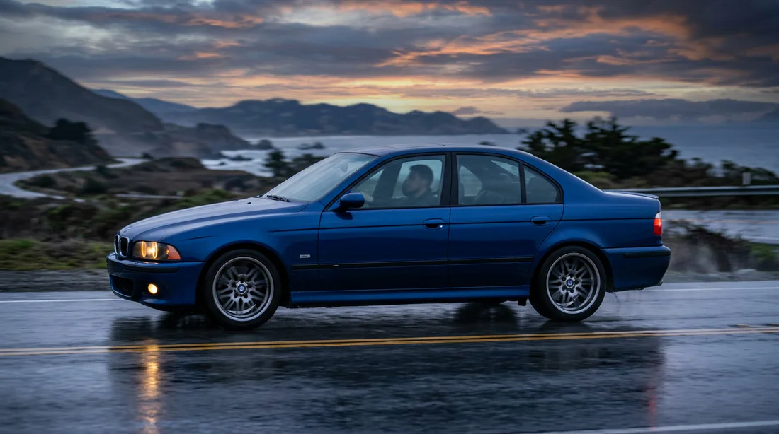 Vue latérale d'une BMW E39 sous un éclairage cinématographique