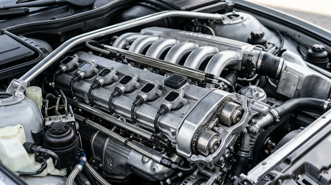 Détail du compartiment moteur d'une BMW E39