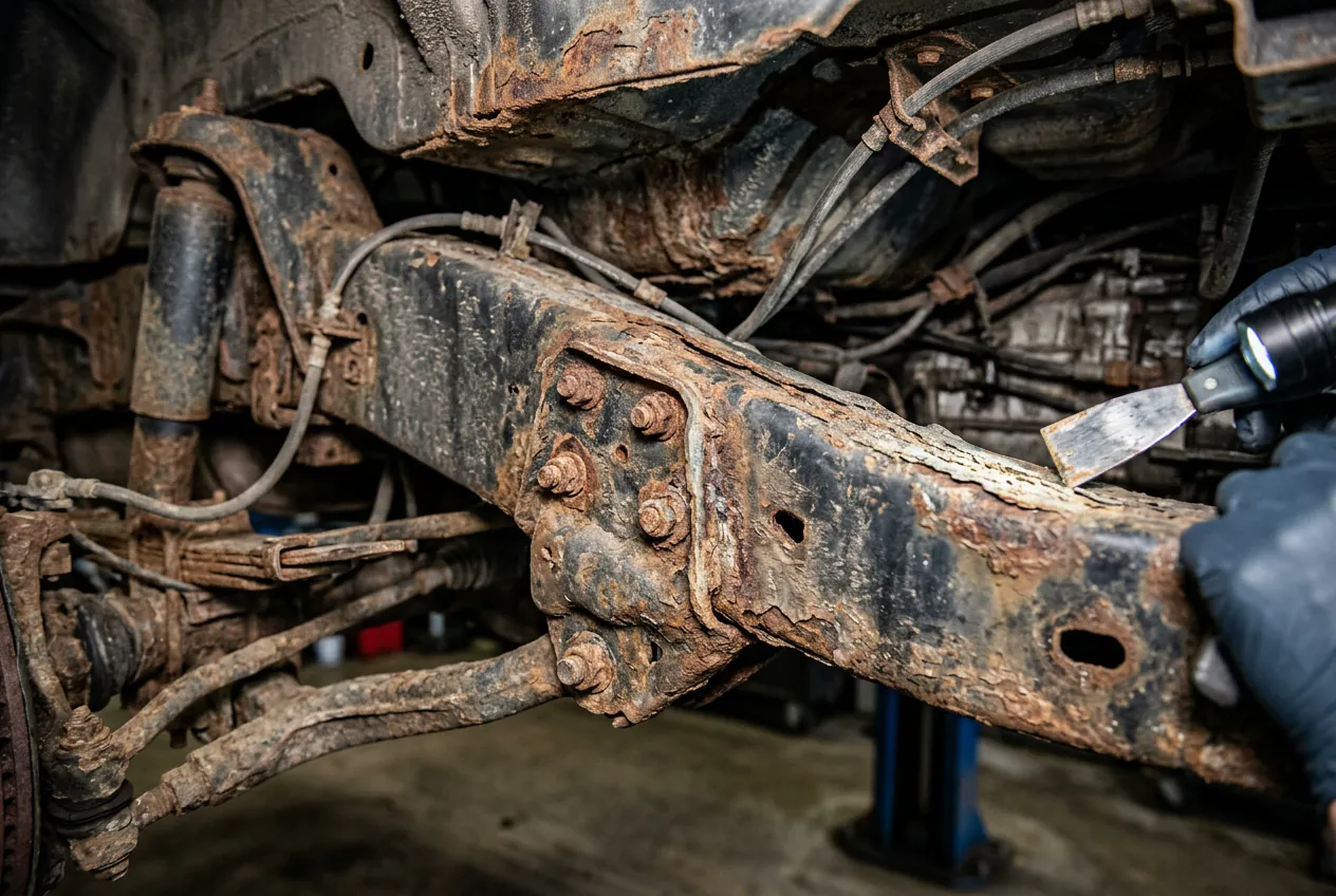Vue rapprochée de la corrosion sur le soubassement d'un utilitaire, un point de contrôle crucial pour la fiabilité du Vito 115 CDI.
