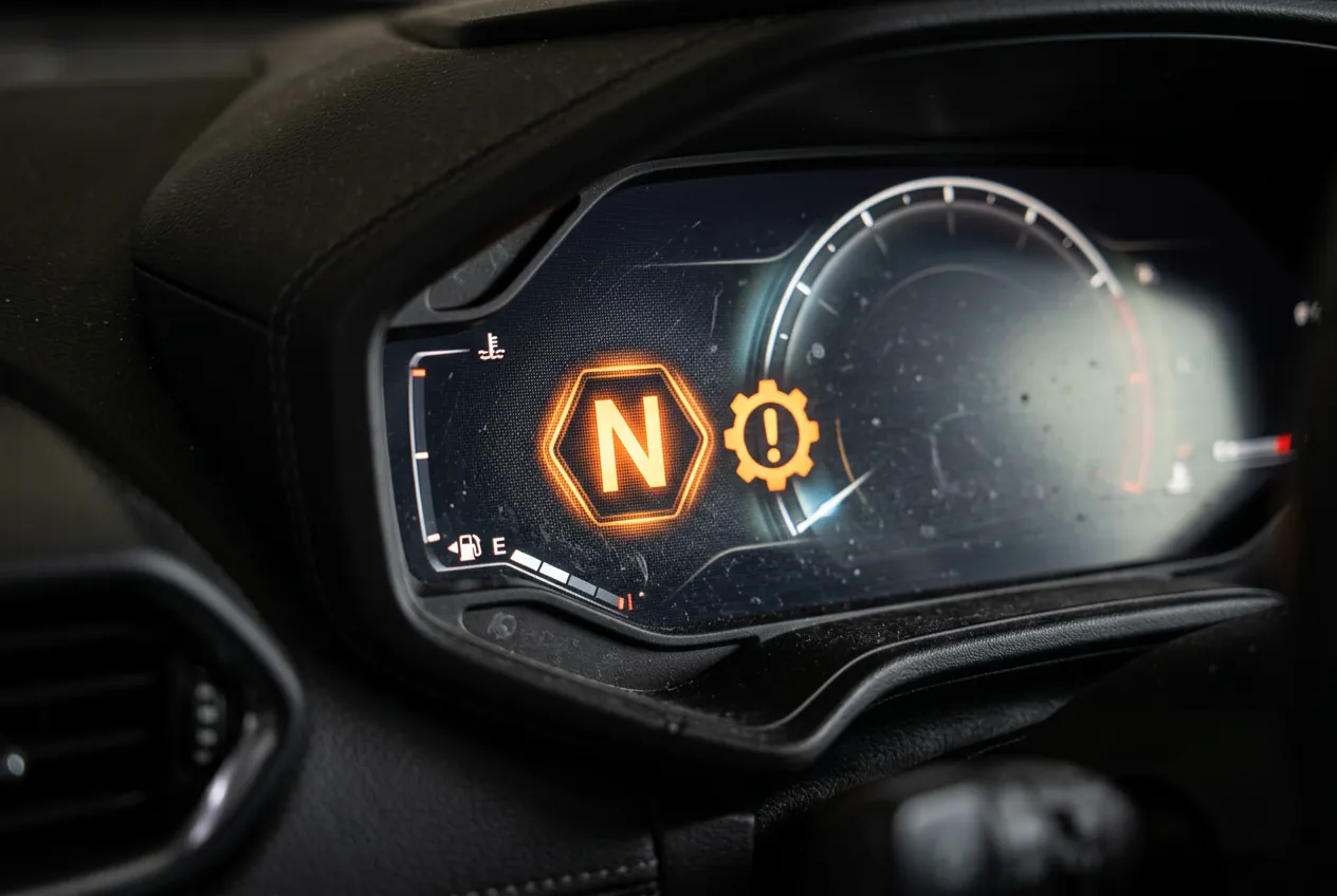 Voyant N qui clignote sur le tableau de bord numérique d'une voiture en panne