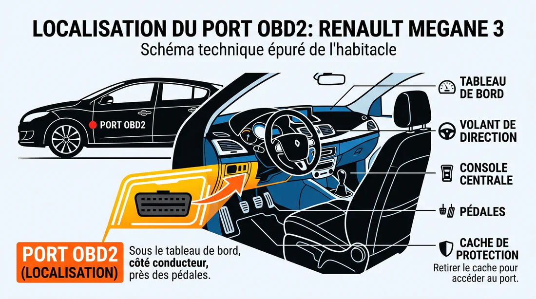Schéma de localisation de la prise OBD2 sur Renault Megane 3