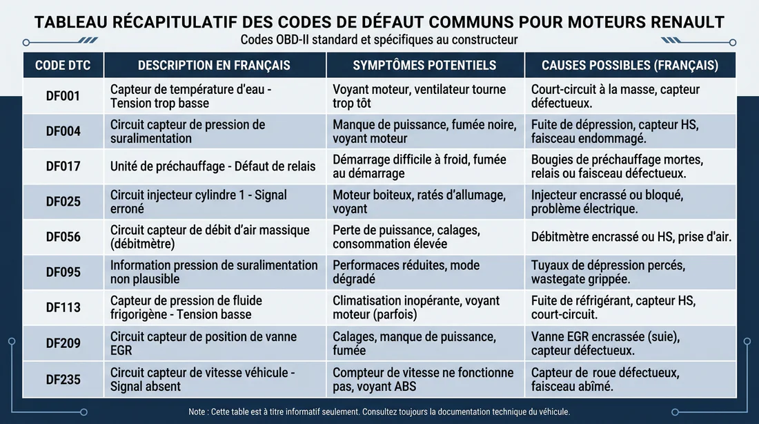 Tableau récapitulatif des codes défauts courants sur moteur Renault