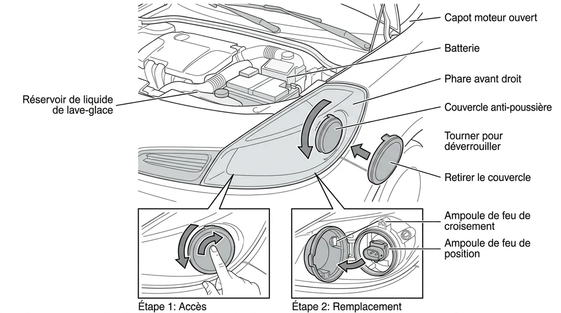 Schéma technique pour accéder à l'ampoule de phare sur Clio 3