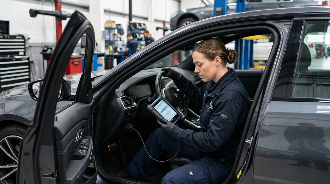 Technicien effectuant un diagnostic automobile avec une valise OBD2