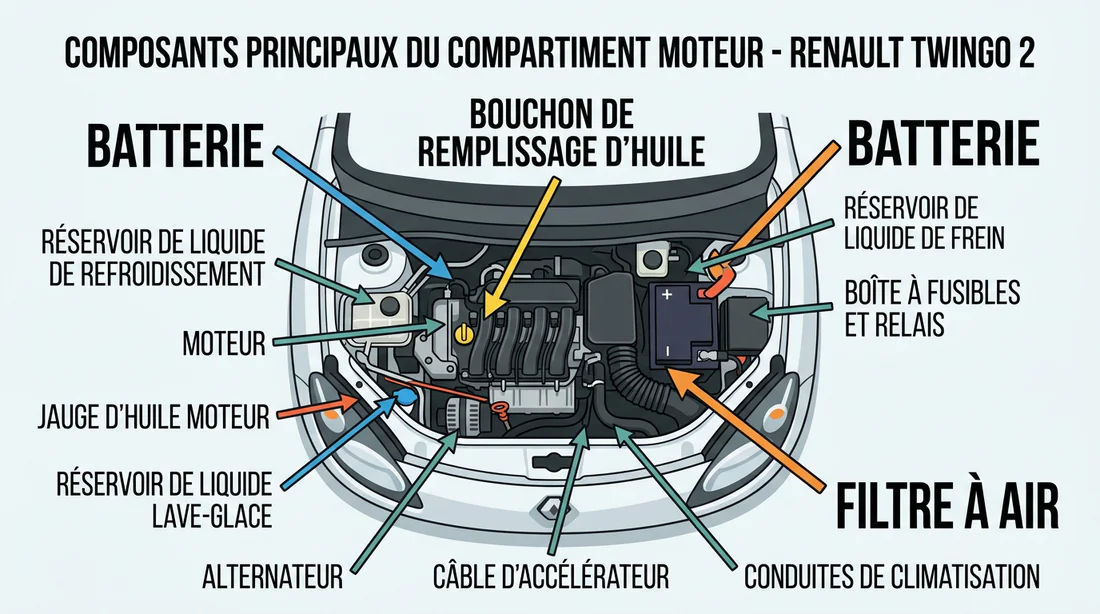 Schéma des composants du compartiment moteur de la Renault Twingo 2