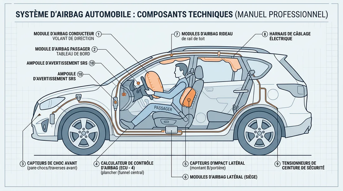 Schéma explicatif des composants du système d'airbag