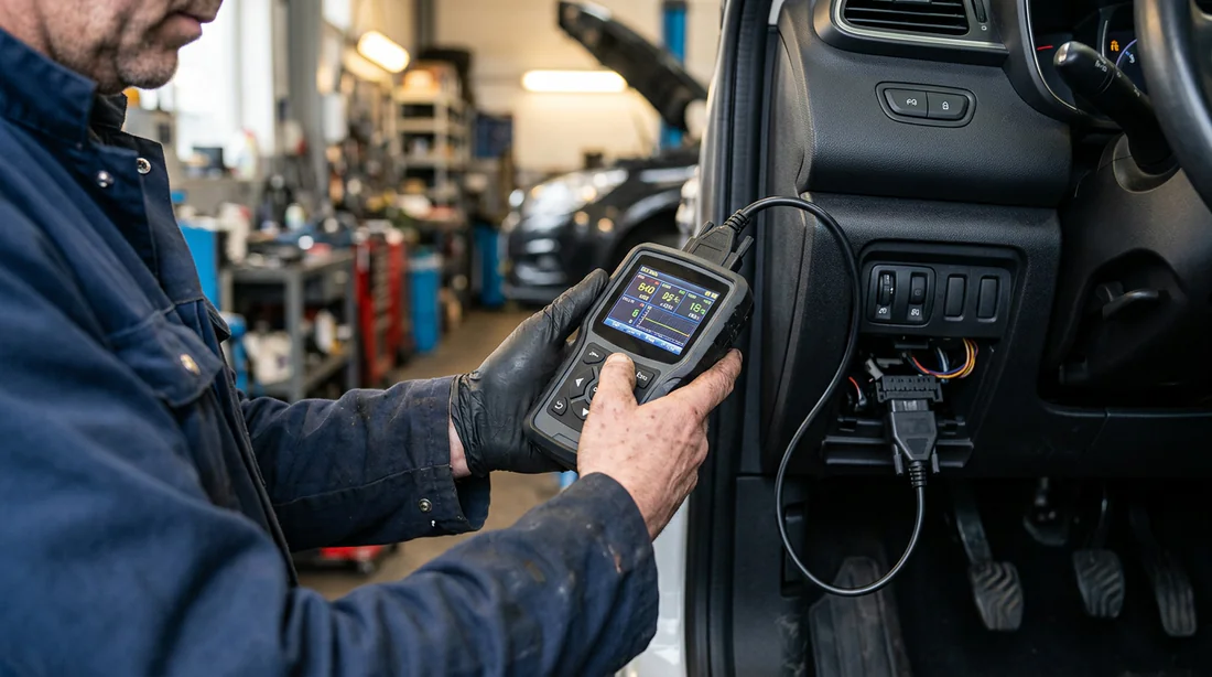 Mécanicien utilisant une valise de diagnostic OBD2 sur une Renault