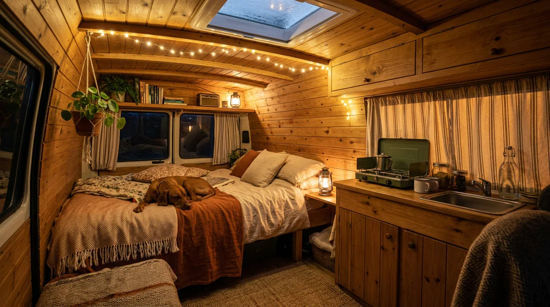 Intérieur chaleureux et aménagé en bois d'un van Volkswagen LT 28