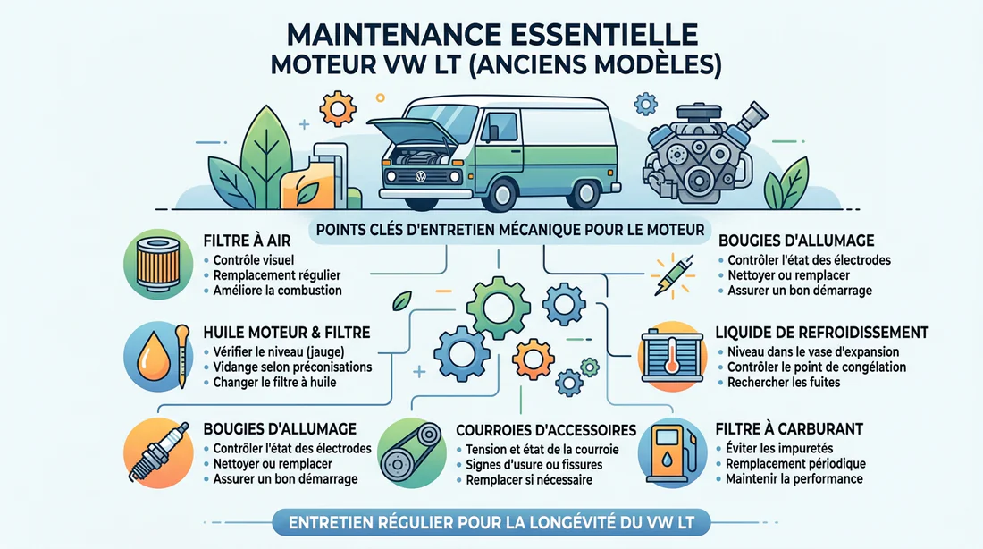 Infographie des points de maintenance moteur pour VW LT 28