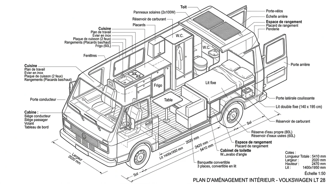 Plan technique de l'aménagement intérieur d'un Volkswagen LT 28