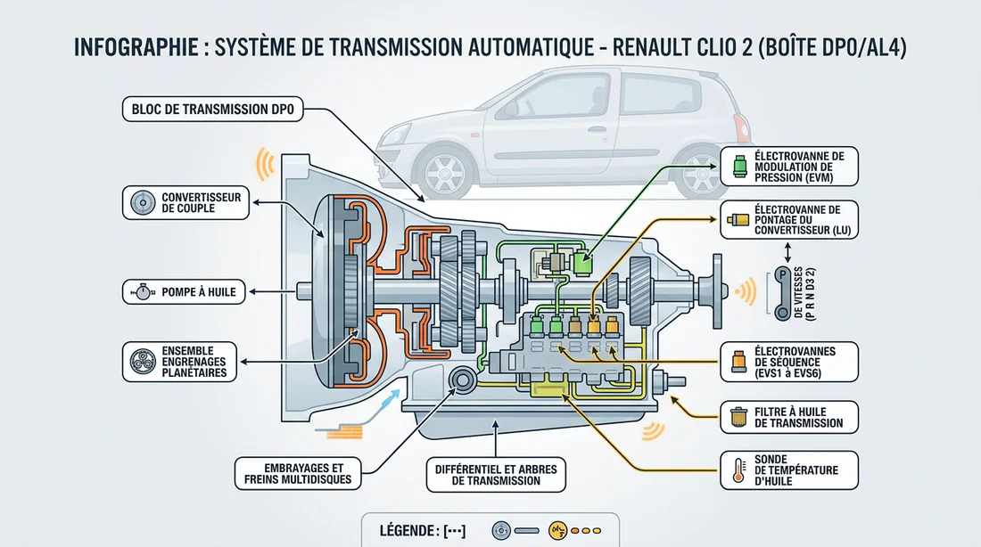 Schéma technique des électrovannes de boîte automatique Renault Clio 2