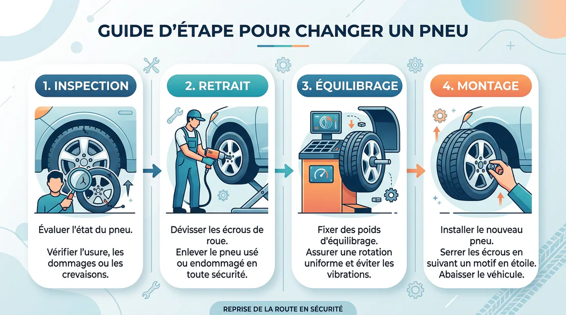 Infographie des étapes de montage et équilibrage d'un pneu