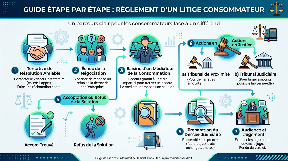 Schéma des étapes de recours juridique pour un litige automobile