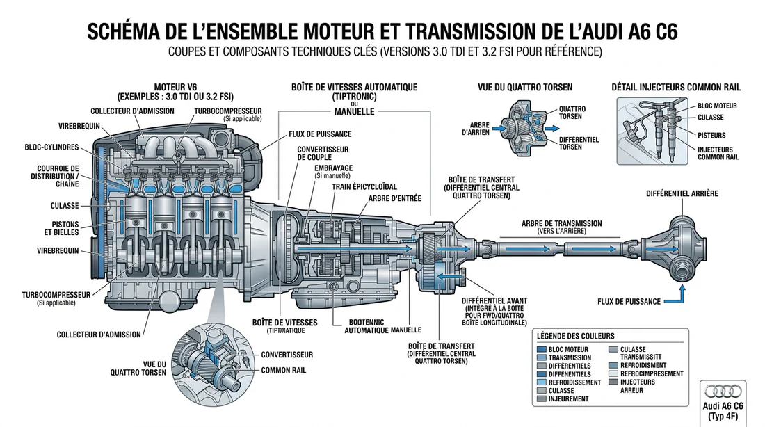 Schéma technique des composants mécaniques Audi A6 C6