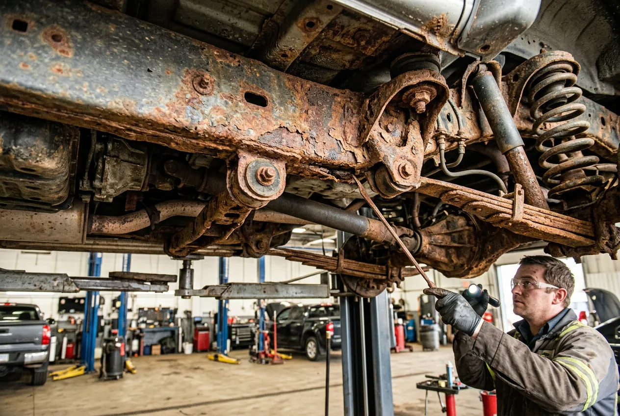 Exemple de corrosion sur un châssis de véhicule tout-terrain, un point critique à vérifier sur le Jimny.