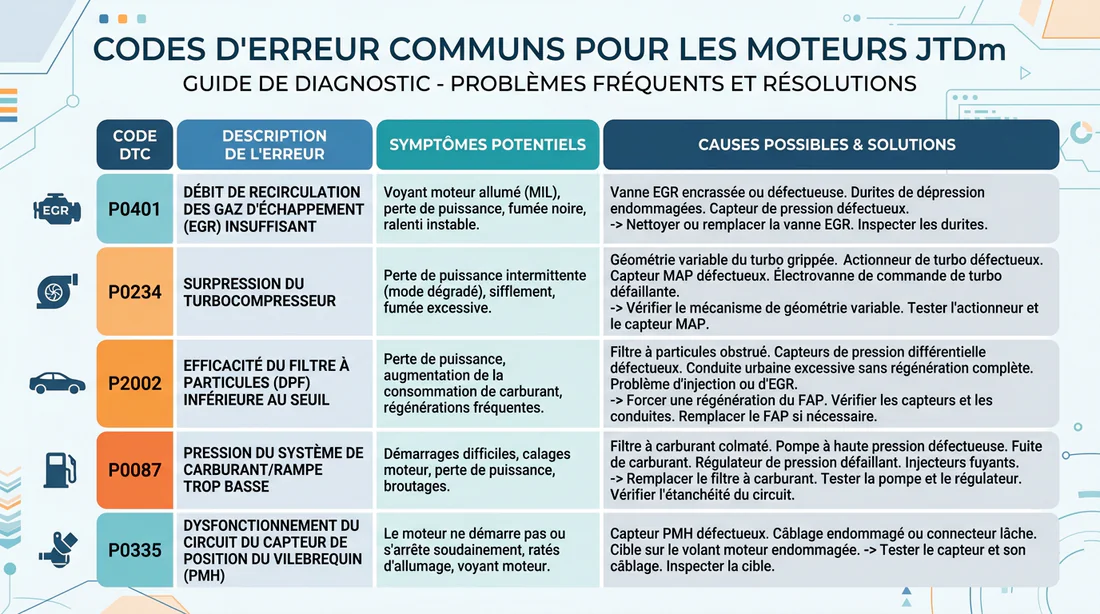 Tableau des codes défauts courants moteur JTDm