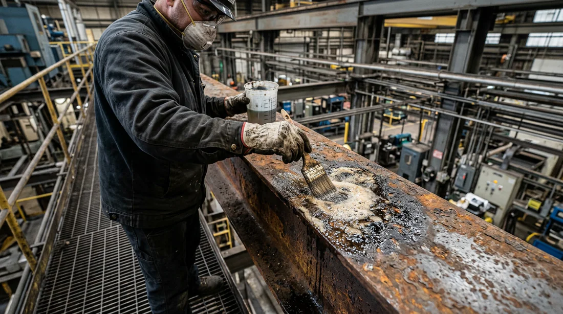 Application manuelle d'un produit protecteur sur une poutre en acier rouillée
