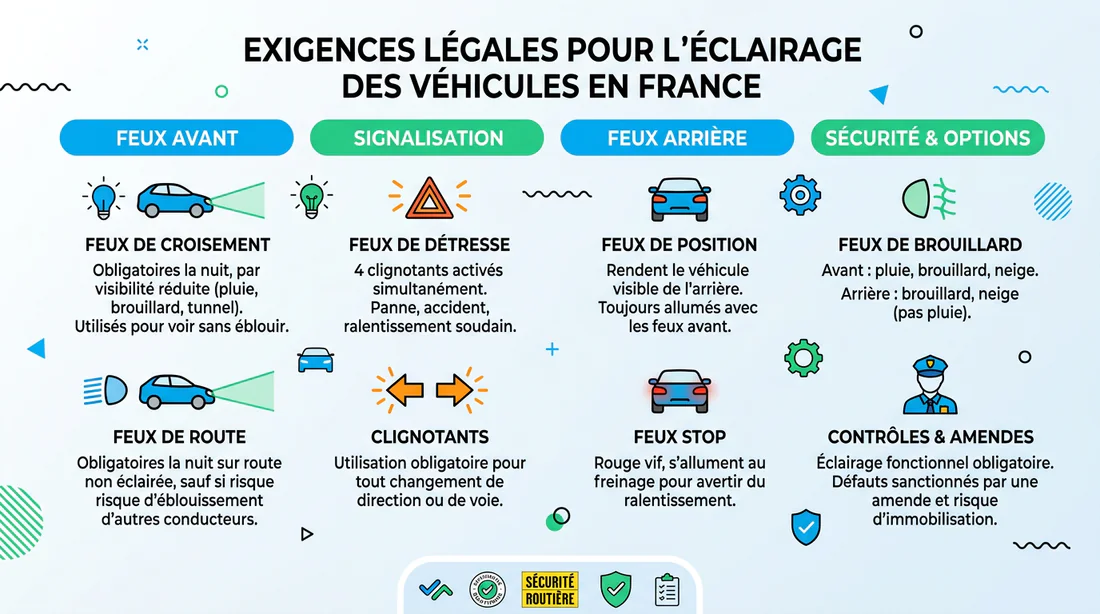 Infographie des normes de fonctionnement des feux de voiture