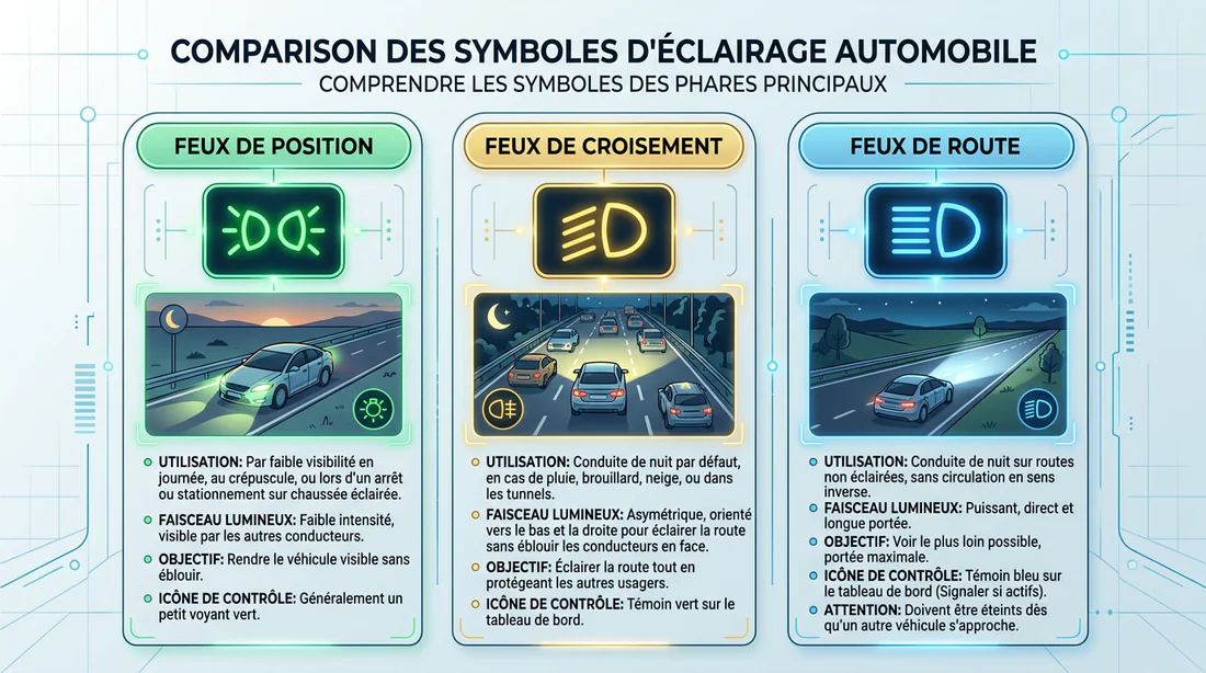 Infographie comparative des feux de position, feux de croisement et feux de route
