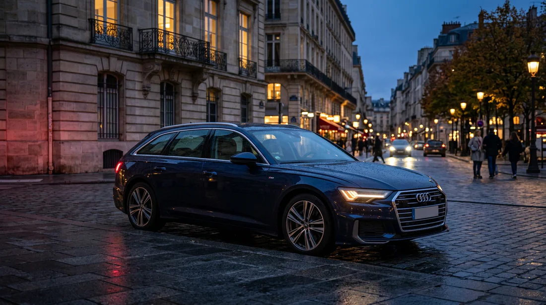 Voiture stationnée en ville au crépuscule avec feux de ville activés