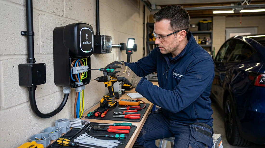 Électricien qualifié installant une borne de recharge Wallbox dans un garage.