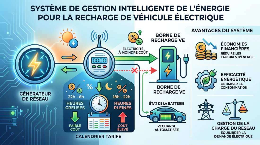 Infographie expliquant l'optimisation de la recharge en heures creuses avec un compteur intelligent.