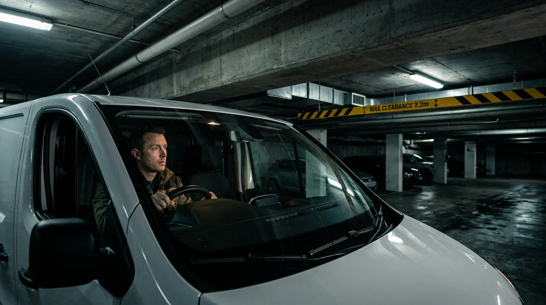 Conducteur de Renault Trafic évaluant la hauteur sous plafond d'un parking