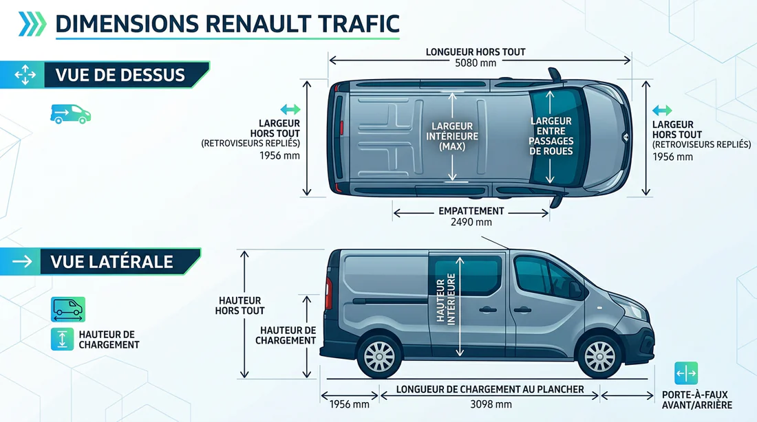 Schéma technique des dimensions d'un Renault Trafic utilitaire