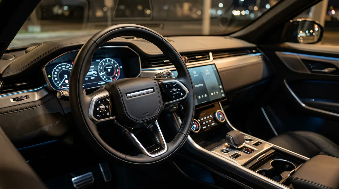 Détail de l'intérieur luxueux et raffiné d'un Range Rover Evoque.