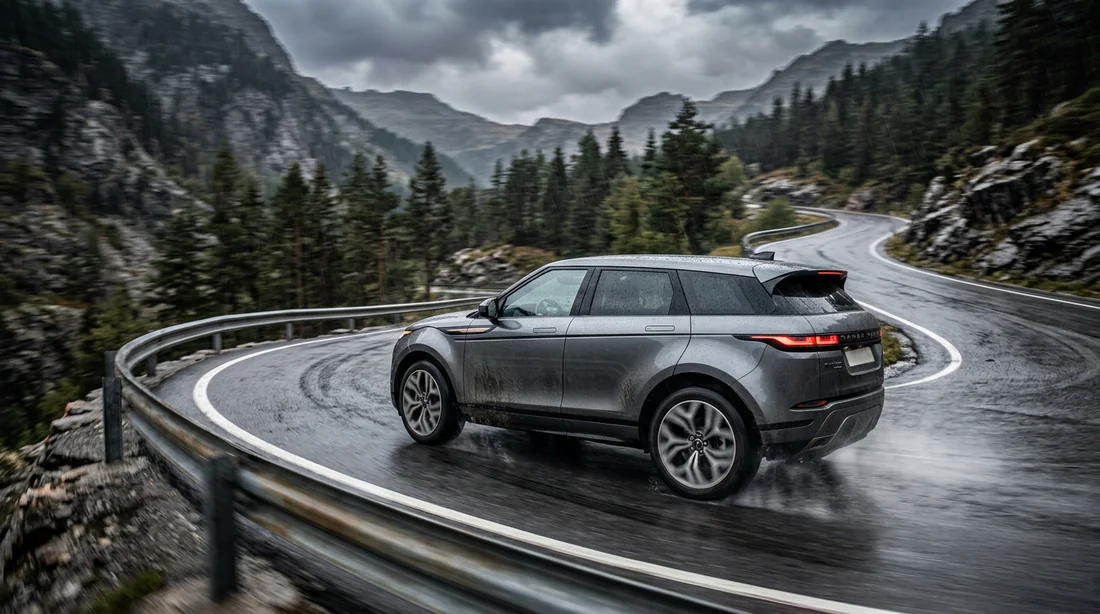 Range Rover Evoque en mouvement sur une route de montagne sinueuse.