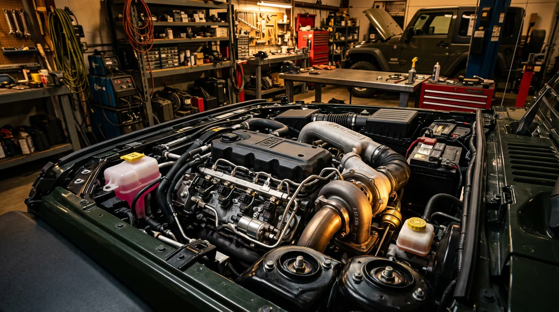 Vue détaillée du moteur 2.8 CRD dans le compartiment moteur d'un Jeep Wrangler JK