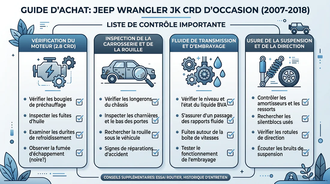 Infographie des points de contrôle essentiels lors de l'achat d'une Jeep Wrangler JK CRD d'occasion