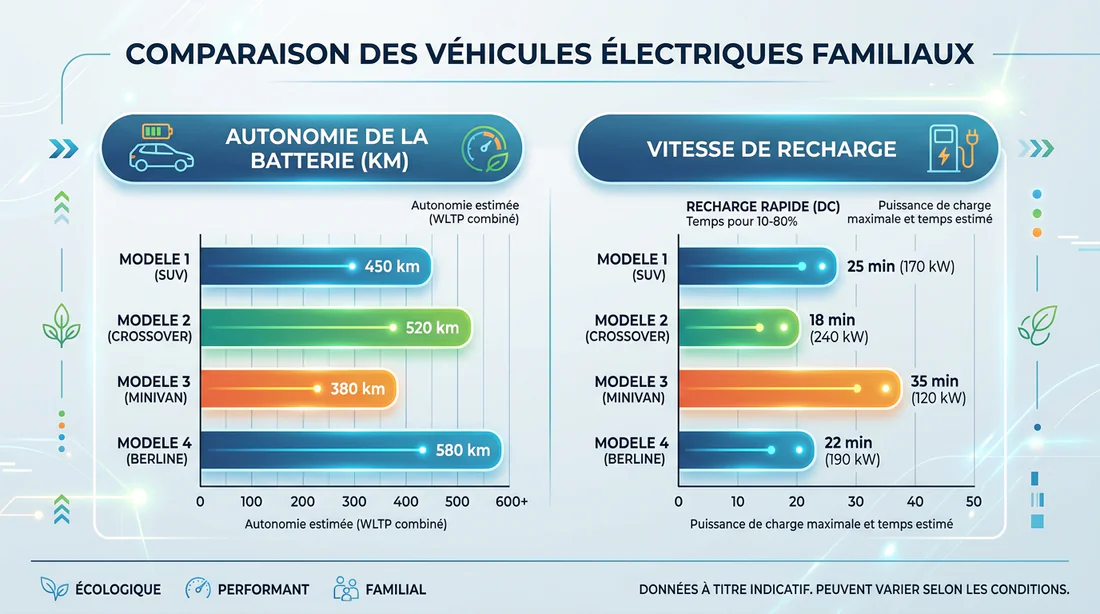 Comparatif autonomie et temps de charge véhicules électriques familiaux