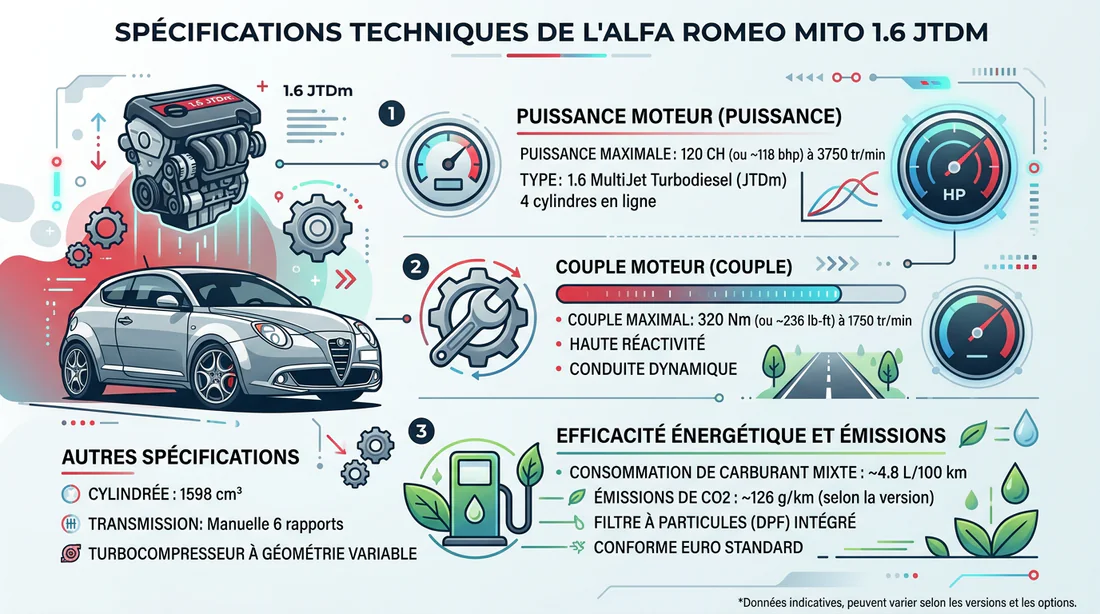 Infographie des spécifications techniques moteur Alfa Romeo MiTo