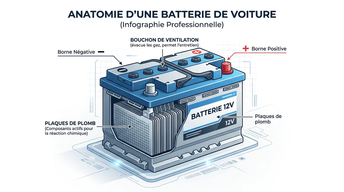 Schéma technique des composants d'une batterie de voiture