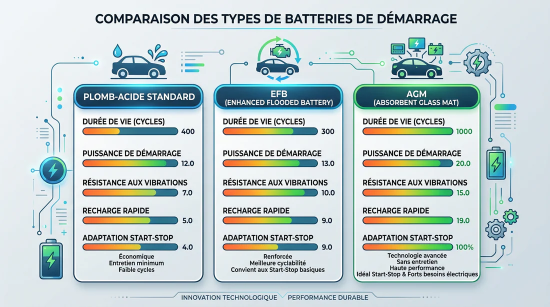 Tableau comparatif des types de batteries : Plomb, EFB et AGM